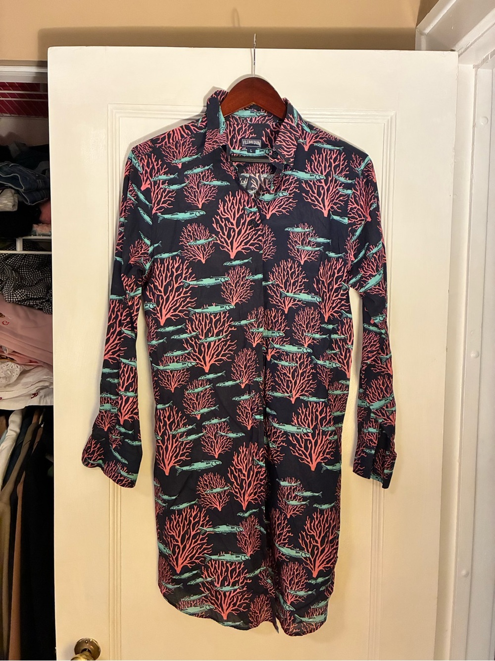 Vilebrequin Navy Shirt Dress with Coral Print and Teal Fish
